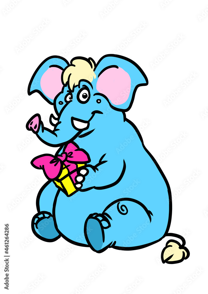 Blue elephant character smile happiness box gift surprise illustration 
