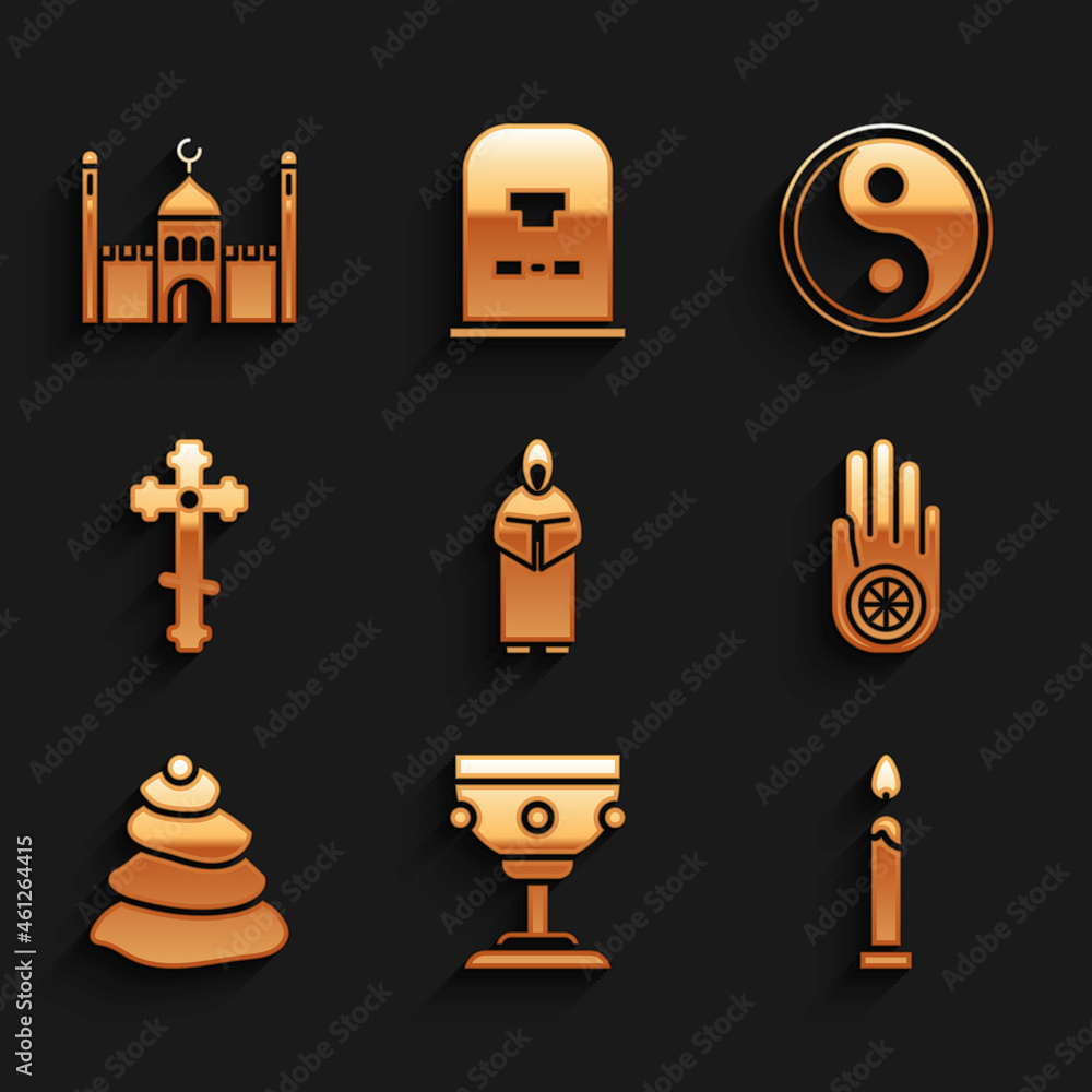 Set Monk, Christian chalice, Burning candle, Jainism or Jain Dharma, Stack hot stones, cross, Yin Yang and Muslim Mosque icon. Vector Set Monk, Christian chalice, Burning candle, Jainism or Jain Dharma, Stack hot stones, cross, Yin Yang and Muslim Mosque icon. Vector