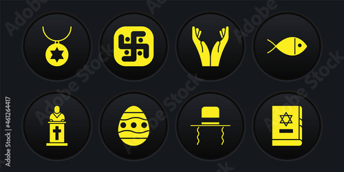 Set Church pastor preaching, Christian fish, Easter egg, Orthodox jewish hat with sidelocks, Hands praying position, Jainism, Jewish torah book and Star of David necklace chain icon. Vector