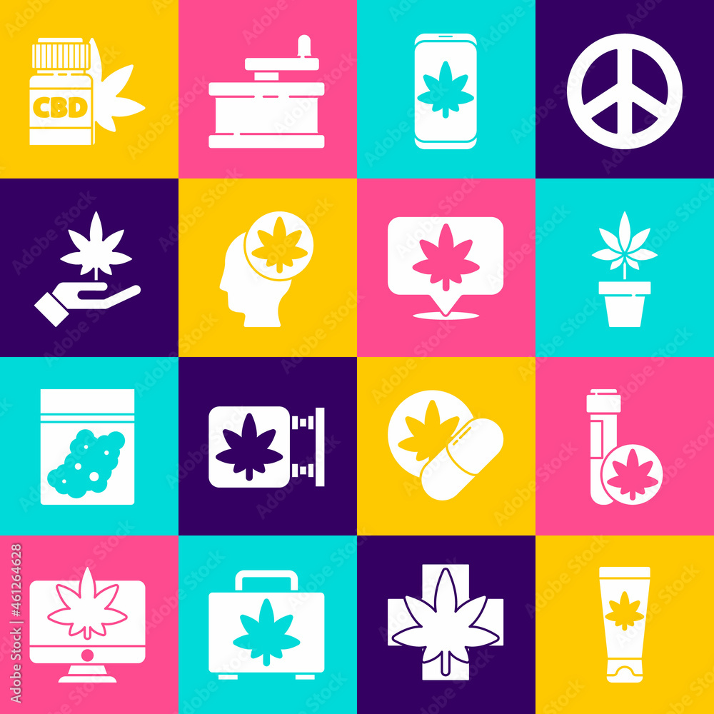 Set Medical cream with marijuana, Chemical test tube, Marijuana or cannabis plant, Mobile and, Head, leaf, bottle and Location icon. Vector Set Medical cream with marijuana, Chemical test tube, Marijuana or cannabis plant, Mobile and, Head, leaf, bottle and Location icon. Vector