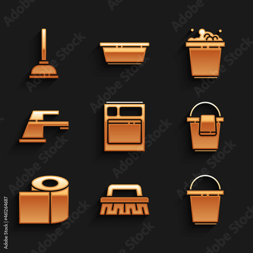 Set Kitchen dishwasher machine, Brush for cleaning, Bucket, with rag, Toilet paper roll, Water tap, soap suds and Rubber plunger icon. Vector