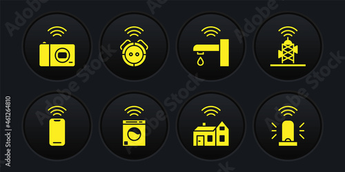 Set Wireless smartphone, antenna, Smart washer, home with wireless, water tap, Robot vacuum cleaner, flasher siren and photo camera icon. Vector