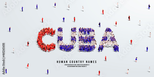 A large group of people stands, making up the word Cuba. Cuba flag made from people crowd. Vector illustration isolated on white background.