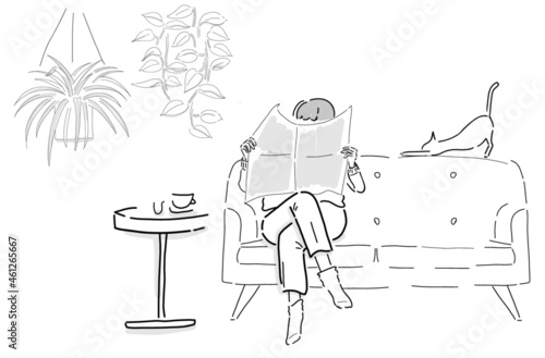 Vector drawings of a cafe, living room with a person reading news paper. - cat, coffee, couch, plants: spider plant, pothos
