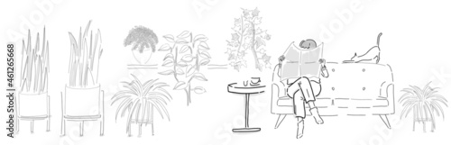 Vector drawings of a cafe, living room with a person reading news paper. - cat, coffee, couch, plants: snake plant, spider plant, pothos, fern, ivy 