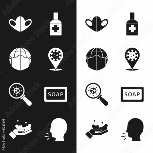 Set Corona virus 2019-nCoV on location, Earth with medical mask, Medical protective, Liquid antibacterial soap, Virus under magnifying glass, Bar of, Man coughing and Washing hands icon. Vector