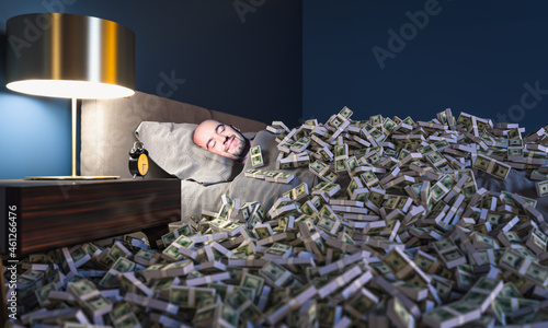 Smiling man sleeping in a bed covered with dollars photo
