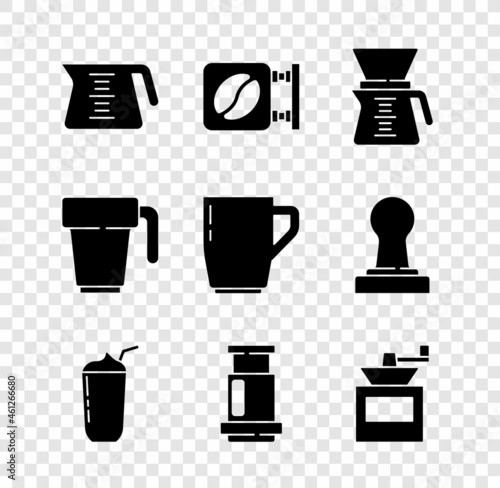Set Coffee pot, Street signboard coffee, Pour over maker, Milkshake, Aeropress, Manual grinder, cup and icon. Vector