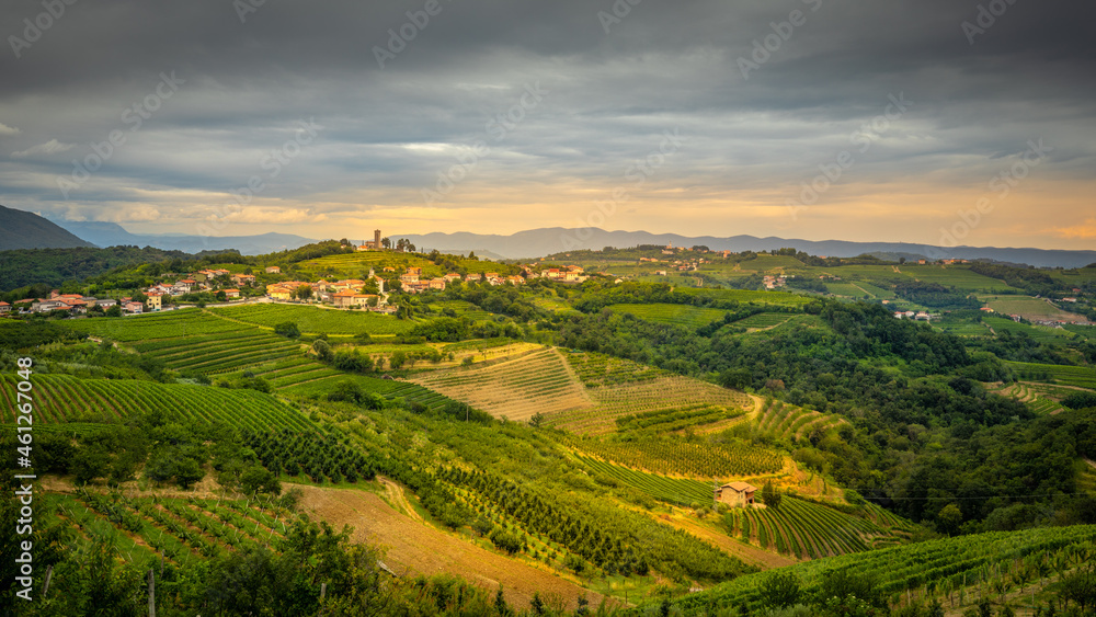Panoramic summer view of a rural village with vineyards in the alps near Dobrovo, Slovenia