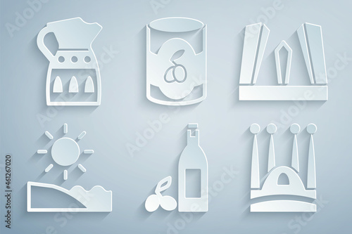 Set Bottle of olive oil  Gate Europe  Beach  Sagrada Familia  Olives in can and Sangria pitcher icon. Vector