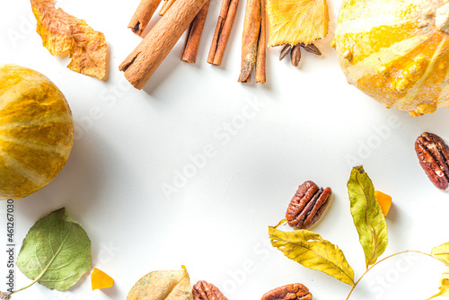 Simple Autumn leaf flatlay, colorful fall dried leaves and pumpkins on white background, top view frame border. Autumn creative composition.