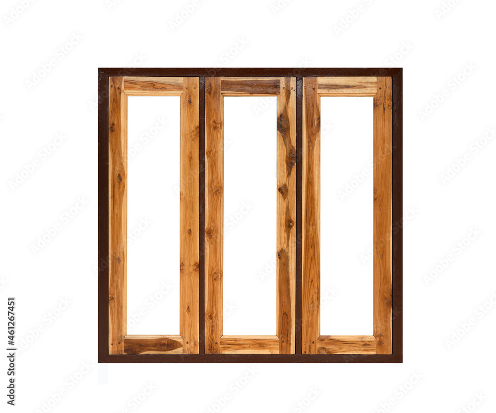 Empty triple natural teak wooden windows isolated on white background. Clipping path. Empty triple natural teak wooden windows isolated on white background. Clipping path.