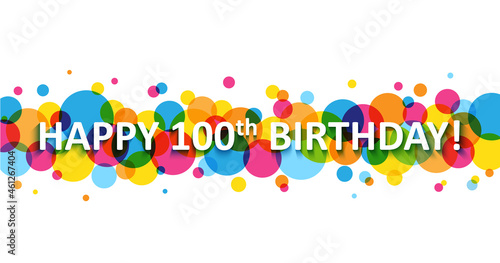HAPPY 100th BIRTHDAY! typography banner on colorful vector circles on white background