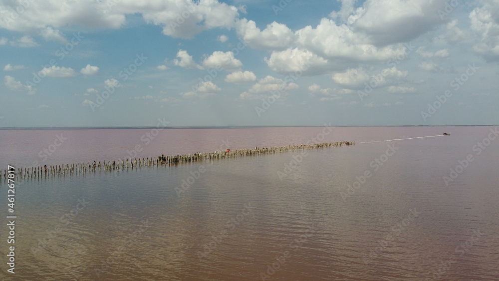 View of the salty pink lake Sasyk-Sivash near the city of Evpatoria in Crimea