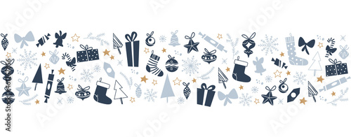 Merry Christmas ornament with xmas baubles and symbols banner. Vector flat illustration. For cards, banners, prints, packaging, invitations.