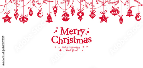 Merry Christmas banner with congratulation text and xmas fir tree balls, toys, baubles, twigs icons hang ornament isolated. Vector flat illustration. For cards, banners, prints, packaging, invitations