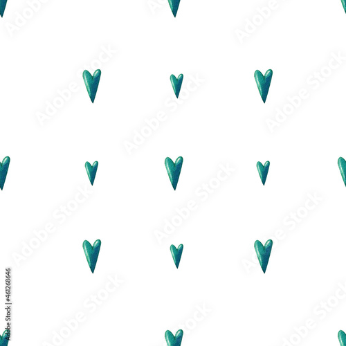 Endless seamless pattern in the form of rhombuses from watercolor hearts of emerald color on a white background.Decoration of weddings, holidays, parties, packaging, textiles.