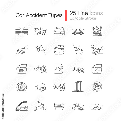 Car accident types linear icons set. Road traffic crashes. Distracted driving. Risk for serious injury. Customizable thin line contour symbols. Isolated vector outline illustrations. Editable stroke