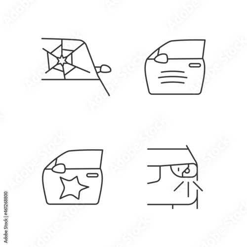 Auto accident types linear icons set. Windscreen damage. Door panel dents. Paint scratch on car. Customizable thin line contour symbols. Isolated vector outline illustrations. Editable stroke