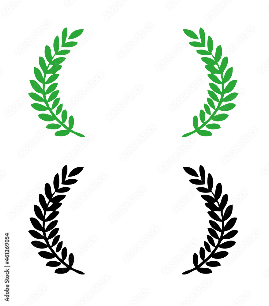 Green and black Laurels branch, awarded icon, symbol. First prize. Vector illustration isolated on white background. Green and black Laurels branch, awarded icon, symbol. First prize. Vector illustration isolated on white background.