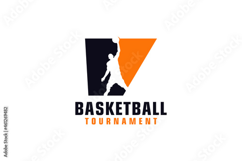 Letter V with Basketball Logo Design. Vector Design Template Elements for Sport Team or Corporate Identity.