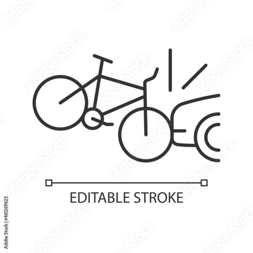 Car collision with cyclist linear icon. Accident with bicyclist and driver. Car-on-bike collision. Thin line customizable illustration. Contour symbol. Vector isolated outline drawing. Editable stroke