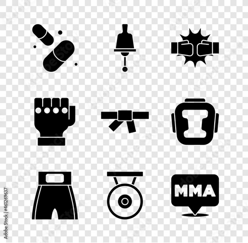 Set Vitamin pill, Ringing bell, Punch boxing gloves, Boxing short, Gong, Fight club MMA, and Black karate belt icon. Vector