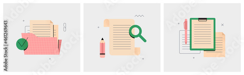 Document management, office paperwork, business papers collection. Agreement, contract, report. Set of illustrations on file check, verification, search, storage. Flat vector illustrations