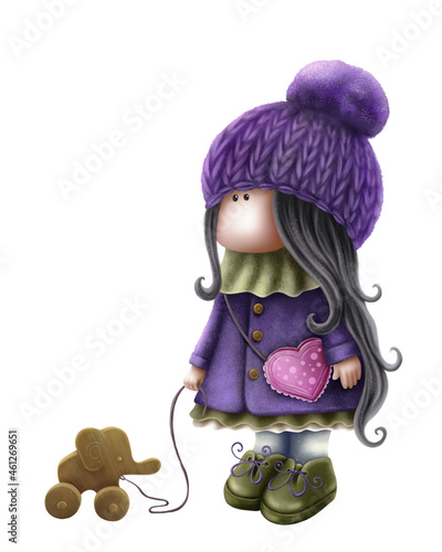Canvastavla Cute doll with elethant toy
