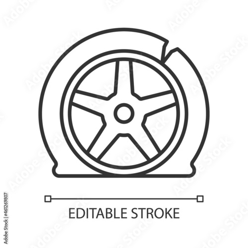 Tyre damage linear icon. Vehicle accident. Car tire defects. Bad road conditions. Tire blowout. Thin line customizable illustration. Contour symbol. Vector isolated outline drawing. Editable stroke