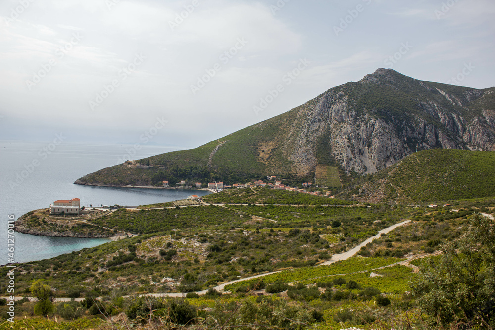 View from mountain on the bay and town of Trstenik, on the Peljesac peninsula , holiday place in Dalmatia, Croatia