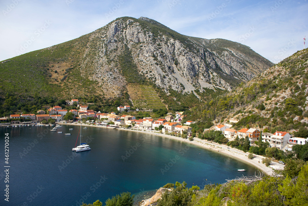 View from mountain on the bay and town of Trstenik, on the Peljesac peninsula , holiday place in Dalmatia, Croatia