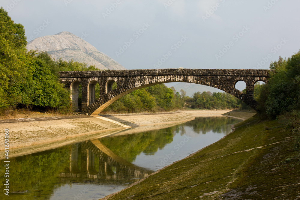 view on a bridge above trebisnjica river and a mountain in back, Bosnia and herzegovina, europe view on a bridge above trebisnjica river and a mountain in back, Bosnia and herzegovina, europe