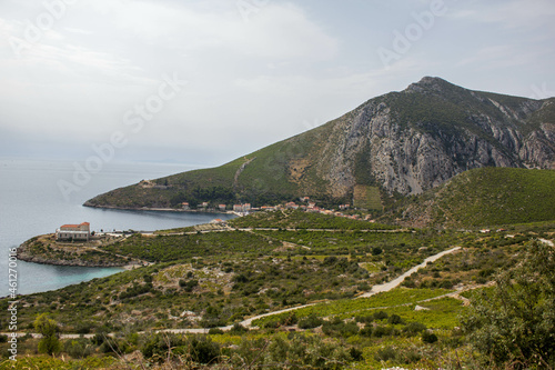 View from mountain on the bay and town of Trstenik, on the Peljesac peninsula , holiday place in Dalmatia, Croatia