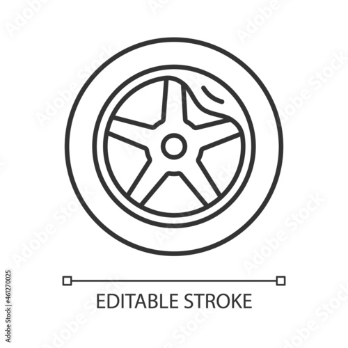Wheel damage linear icon. Collision damaged vehicle. Driving on cracked rim. Uneven wear in tires. Thin line customizable illustration. Contour symbol. Vector isolated outline drawing. Editable stroke