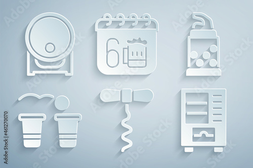 Set Wine corkscrew, Bottle opener, Beer pong game, Vending machine, Saint Patricks day calendar and Wooden barrel rack icon. Vector