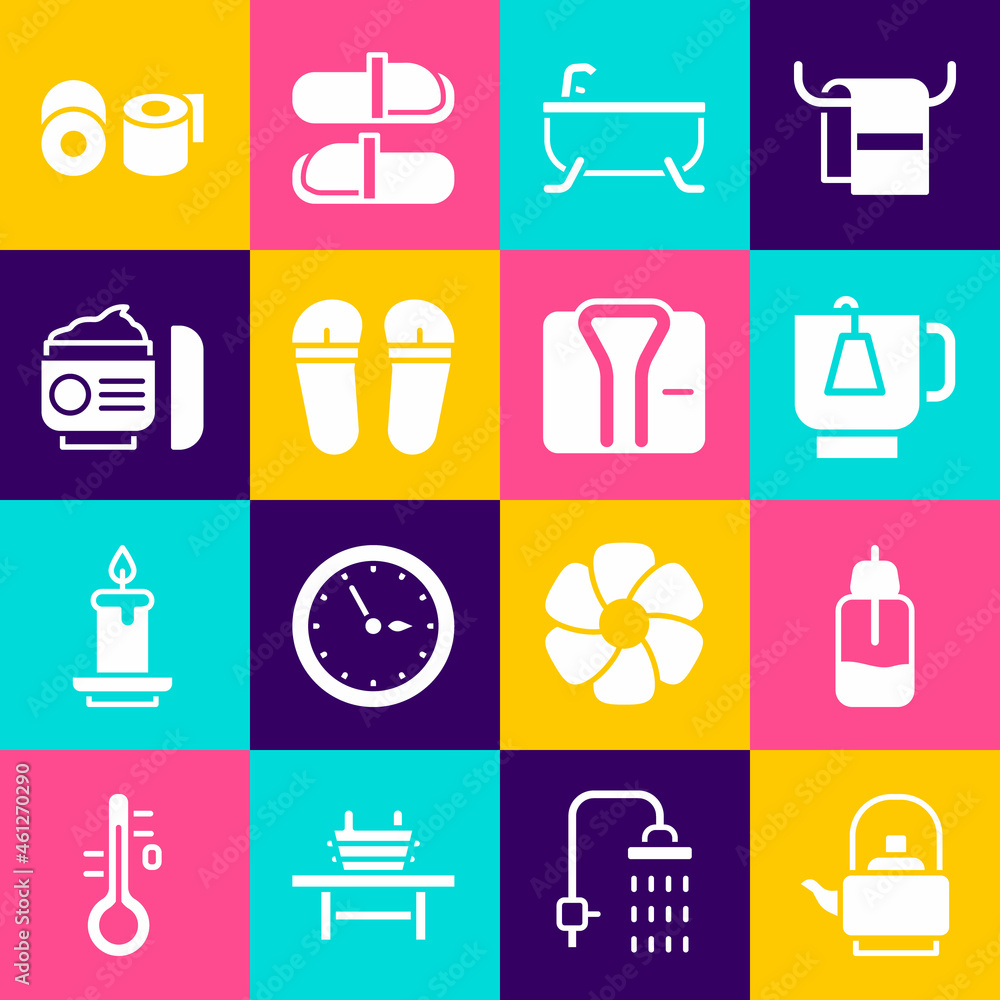 Set Kettle with handle, Essential oil bottle, Cup of tea tea bag, Bathtub, Flip flops, Cream or lotion cosmetic tube, Toilet paper roll and Bathrobe icon. Vector Set Kettle with handle, Essential oil bottle, Cup of tea tea bag, Bathtub, Flip flops, Cream or lotion cosmetic tube, Toilet paper roll and Bathrobe icon. Vector