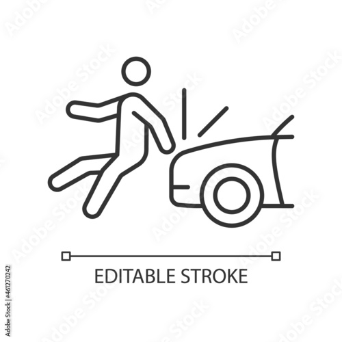 Collision involving pedestrian linear icon. Hitting walker by car. Hit-and-run accident. Thin line customizable illustration. Contour symbol. Vector isolated outline drawing. Editable stroke