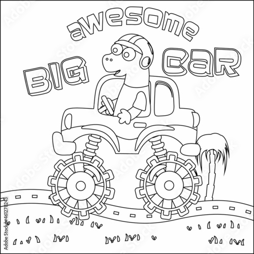 Vector illustration of monster truck with cute dinosaur driver. Cartoon isolated vector illustration  Creative vector Childish design for kids activity colouring book or page.