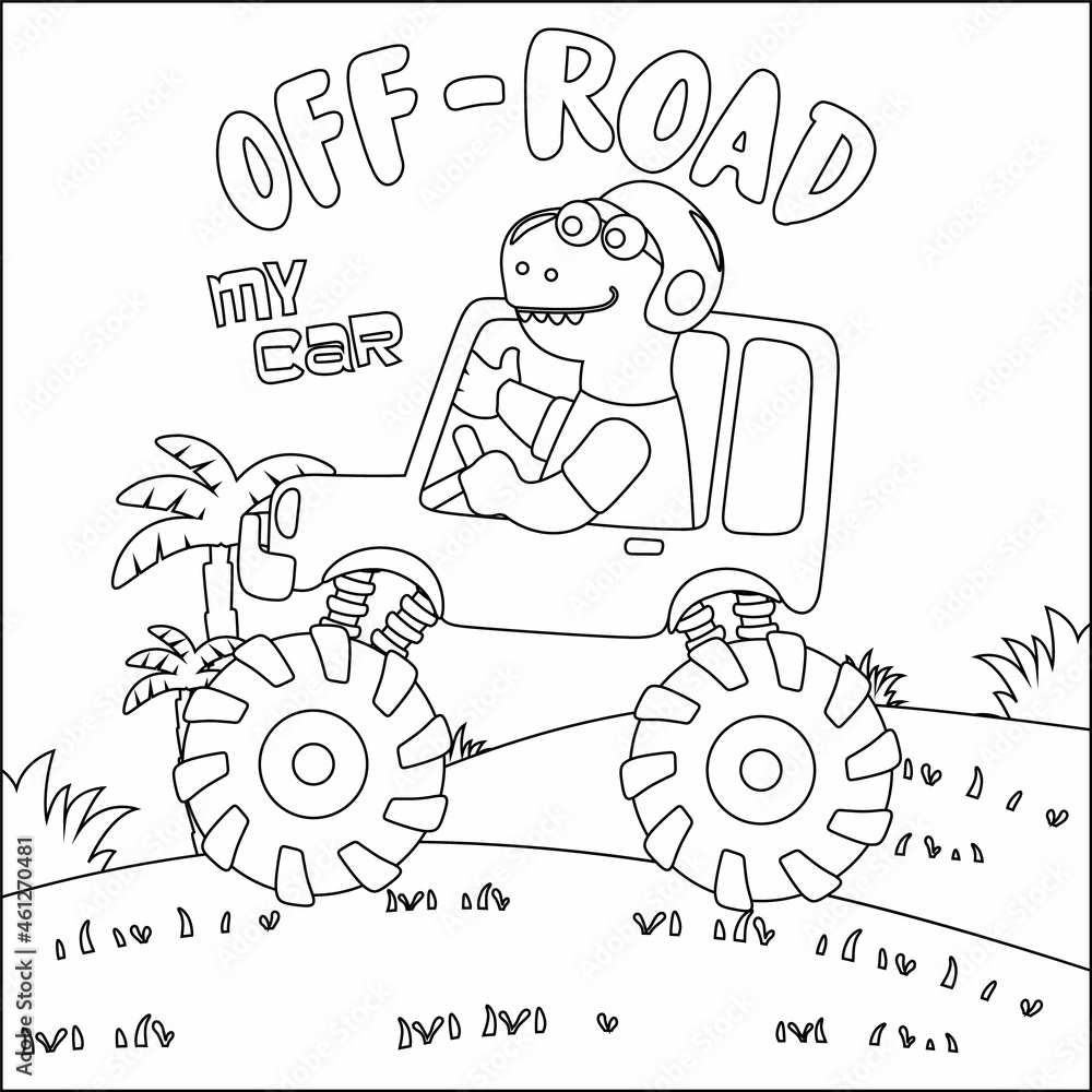 Vector illustration of monster truck with cute dinosaur driver. Cartoon isolated vector illustration, Creative vector Childish design for kids activity colouring book or page. Vector illustration of monster truck with cute dinosaur driver. Cartoon isolated vector illustration, Creative vector Childish design for kids activity colouring book or page.