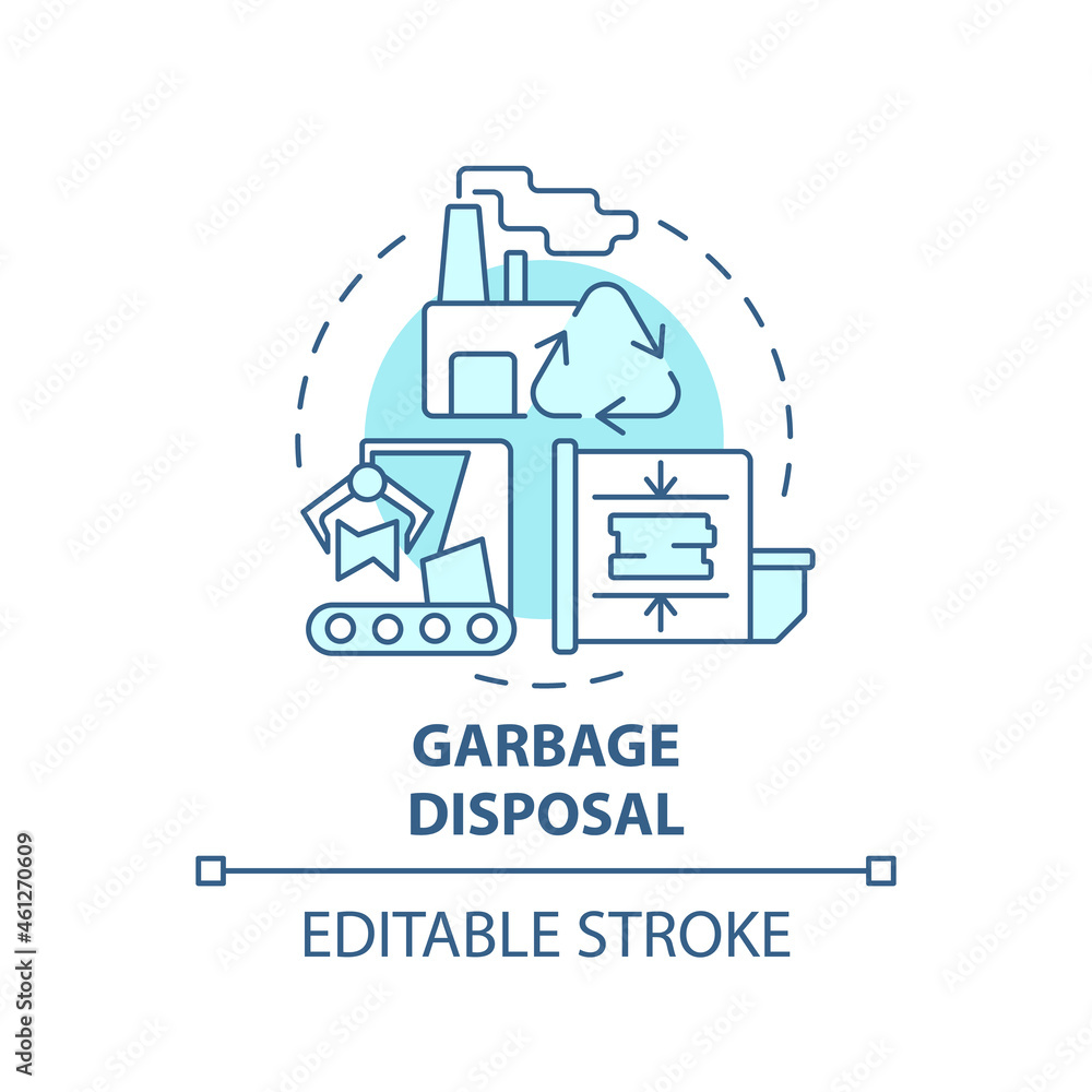 Garbage disposal blue concept icon. Waste management process abstract idea thin line illustration. Waste recycling plant. Trash reprocess. Vector isolated outline color drawing. Editable stroke Garbage disposal blue concept icon. Waste management process abstract idea thin line illustration. Waste recycling plant. Trash reprocess. Vector isolated outline color drawing. Editable stroke