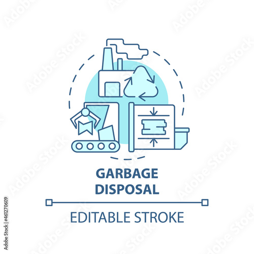 Garbage disposal blue concept icon. Waste management process abstract idea thin line illustration. Waste recycling plant. Trash reprocess. Vector isolated outline color drawing. Editable stroke