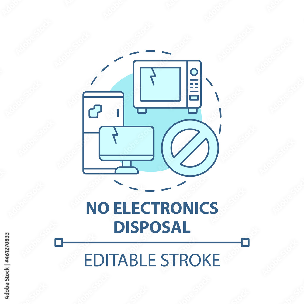 No electronics disposal blue concept icon. Waste management abstract idea thin line illustration. E waste recycling. Obsolete computer and phone. Vector isolated outline color drawing. Editable stroke No electronics disposal blue concept icon. Waste management abstract idea thin line illustration. E waste recycling. Obsolete computer and phone. Vector isolated outline color drawing. Editable stroke