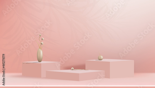 Studio room with rose gold flower bud in vase on cubes box stand and palm leaves on wall background, Gallery room with minimal stands display. Vector 3D scene composition for product presentation