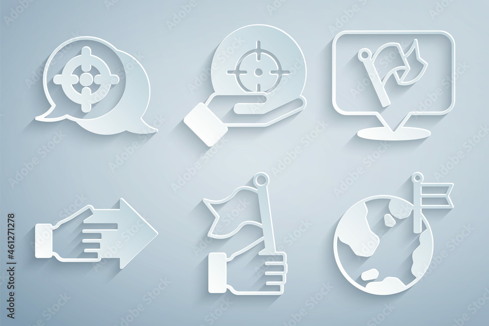 Set Hand holding flag, Flag, with pointing finger, Planet, Target and icon. Vector Set Hand holding flag, Flag, with pointing finger, Planet, Target and icon. Vector