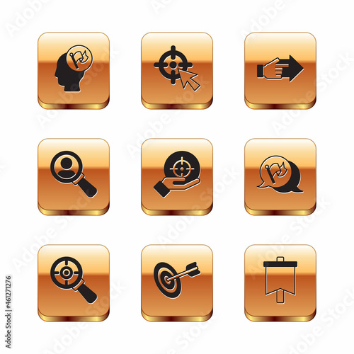 Set Hand holding flag, Target with magnifying glass, Magnifying for search, pointing finger, Flag and icon. Vector