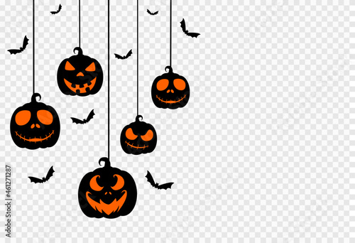 Halloween party  background with scary pumpkin face,bats,hanging from top isolated  on png or transparent texture,template for poster, brochure, promotion,sale marketing vector illustration