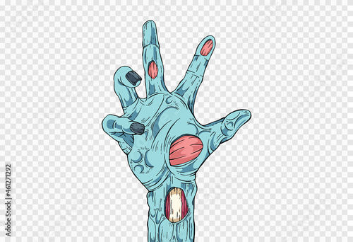 Monster or zombie hand holding isolated on png or transparent texture,Halloween party background ,element template for poster,brochures, online advertising,vector illustration