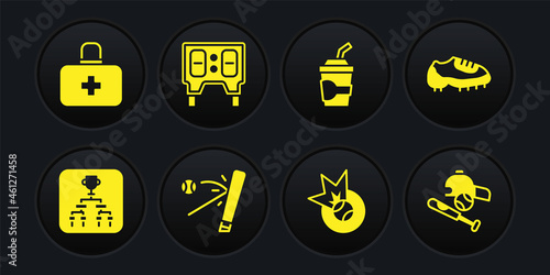 Set Championship tournament bracket, Baseball boot, bat with, Paper glass water, mechanical scoreboard, ball, hat and First aid kit icon. Vector