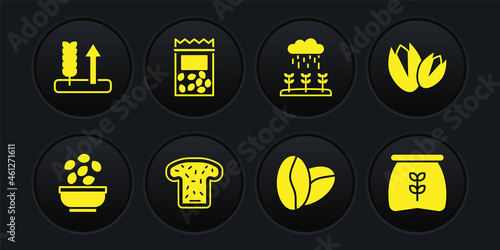 Set Seeds in bowl, Pistachio nuts, Bread toast, Coffee beans, Plant sprouts grow the rain, Pack full seeds plant, Bag flour and Wheat icon. Vector